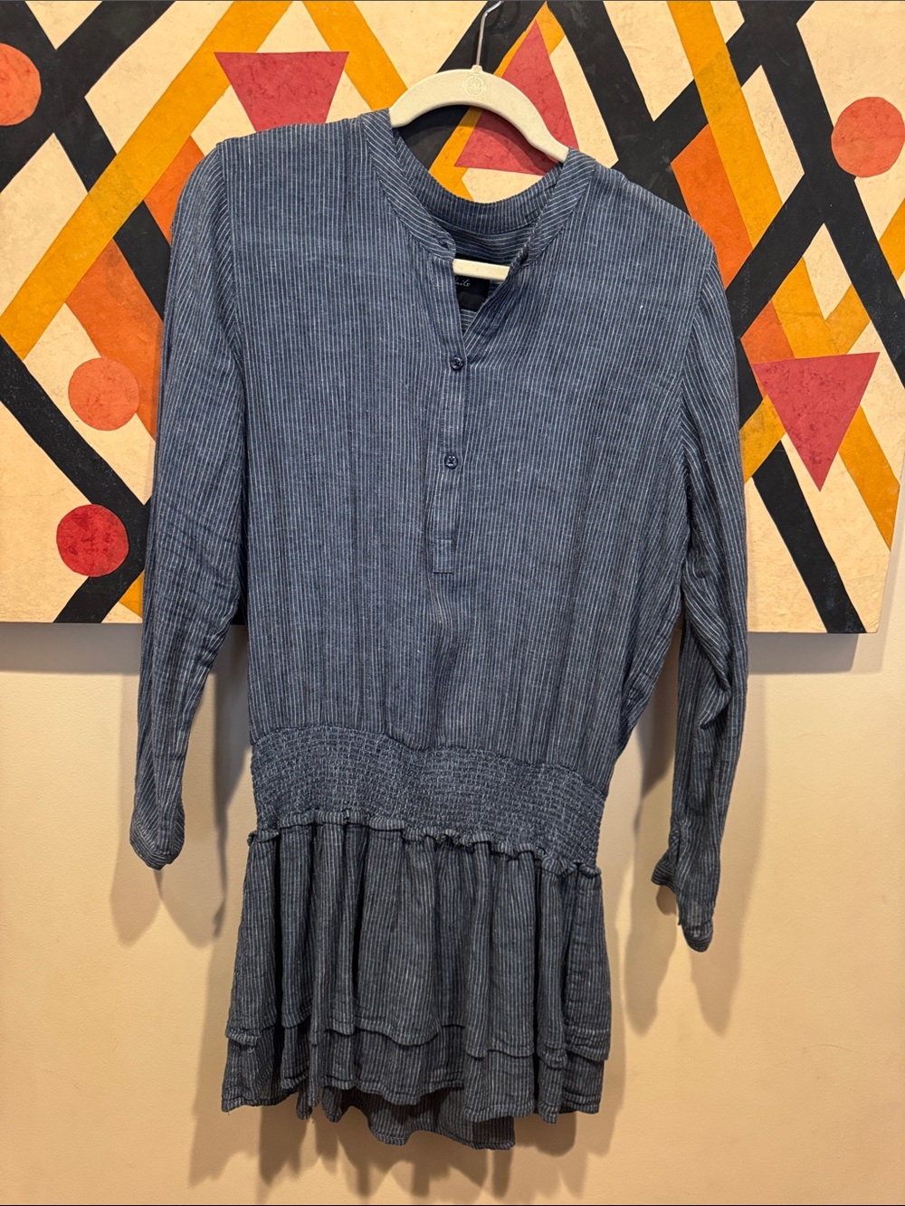 Rails Blue Long-Sleeve Smocked Waist Tiered Dress